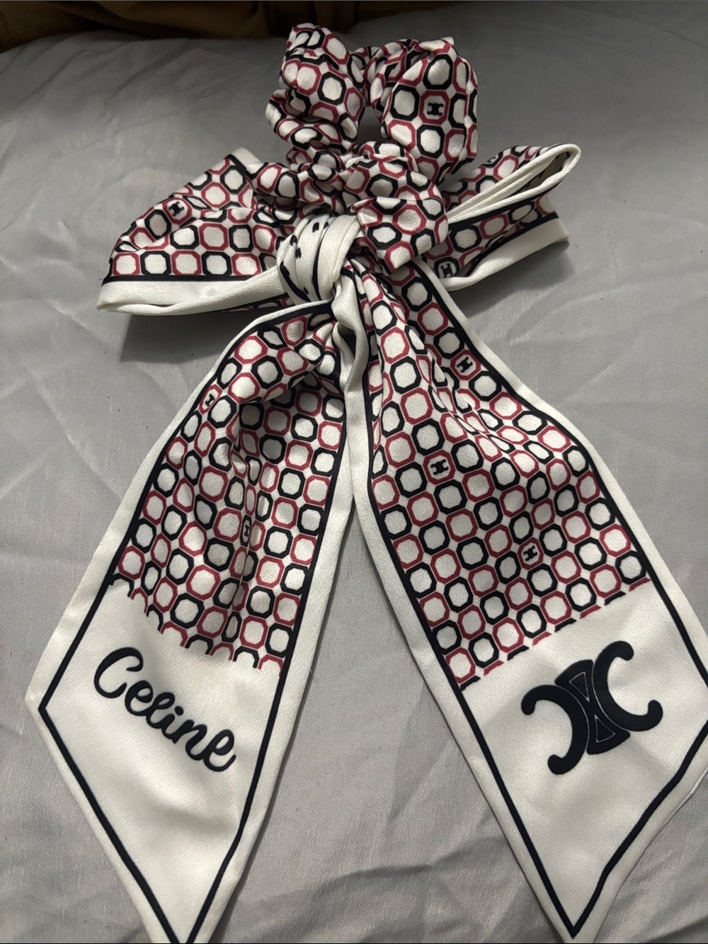 Celine Reversible White, Navy & Red Geometric Silk Scarf Bow